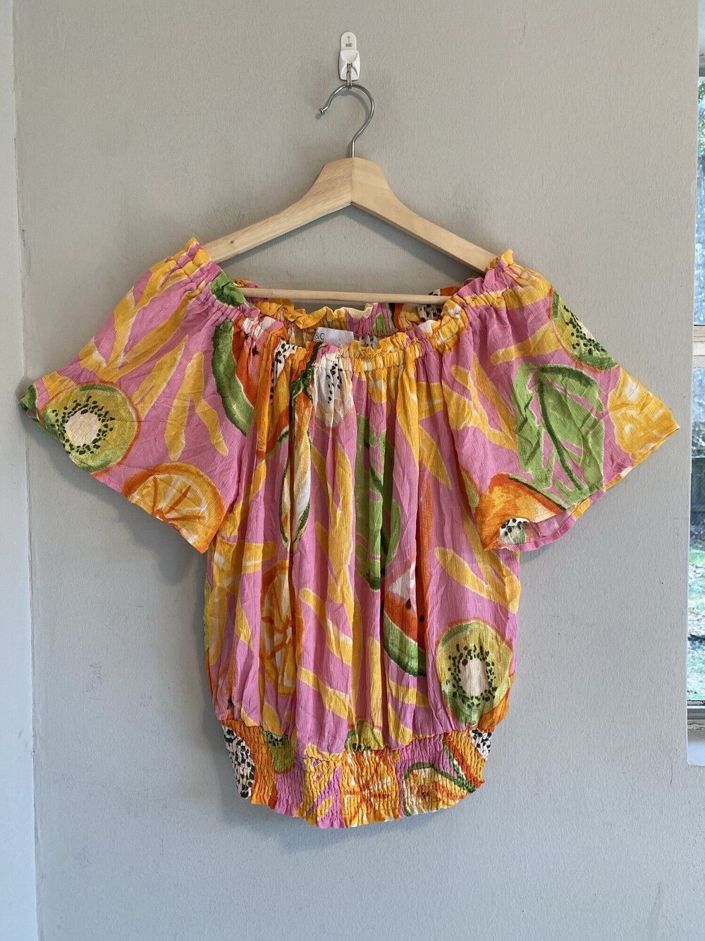 C&C California Papaya Fruit Print Off Shoulder Blouse Women's S
